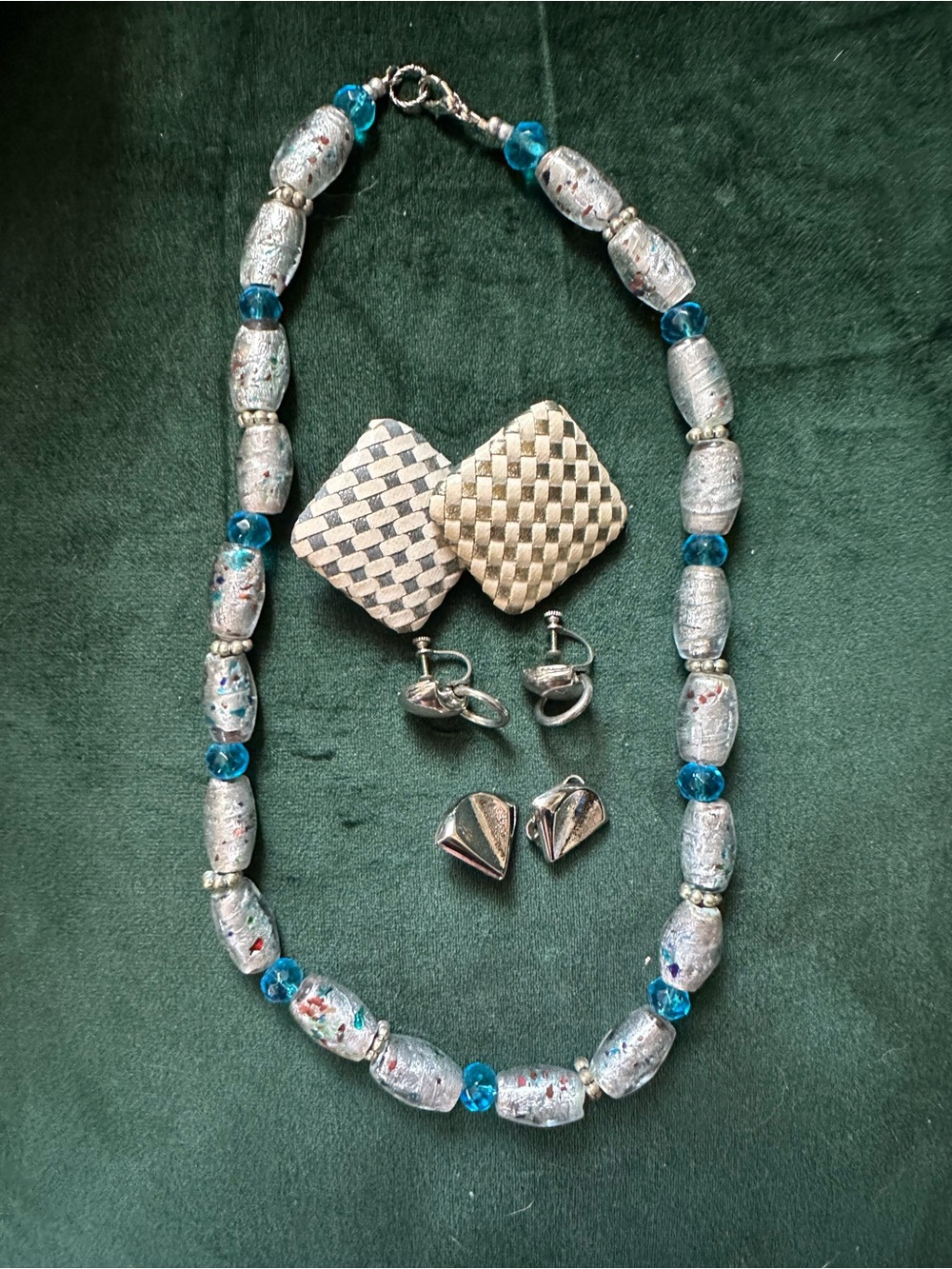 Silver & Blue Glass Bead Necklace with Silver Earrings